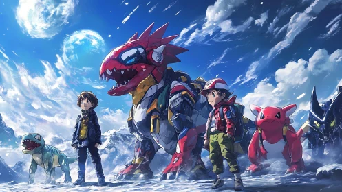 Young adventurers and loyal creatures on a snowy sky trail.