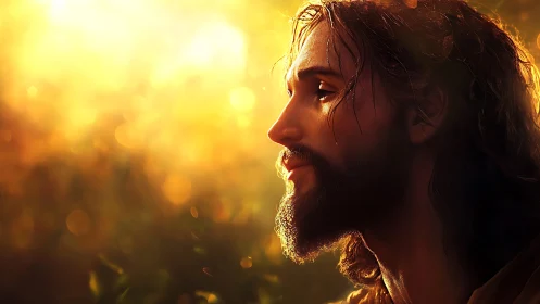 Gentle bearded figure glowing softly in golden evening light.