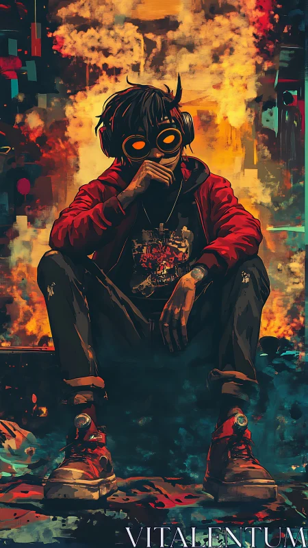 Lone urban listener simmers calmly inside painted digital fire