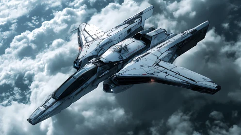 Sleek white starfighter glides above stormy cloud cover.