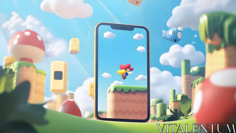 Vibrant 3D Cartoon Game World Emerging from Smartphone Screen.