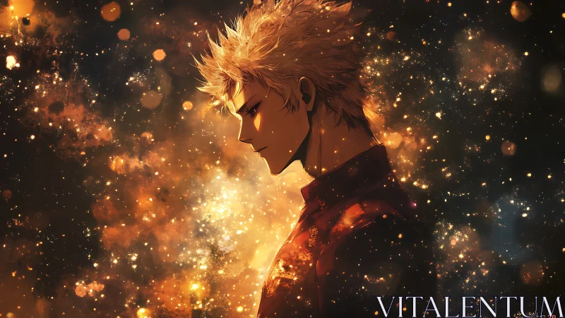 Solitary anime boy glows against swirling golden embers