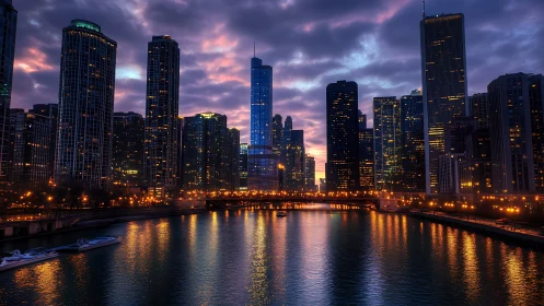 Urban waterfront skyline with illuminated towers at dusk.