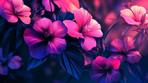 Neon Floral Blooms: Magenta Petals Against Indigo Gradient Illumination.
