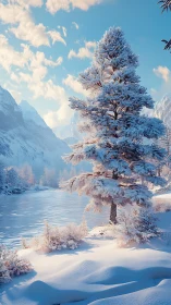 Snow-laden pine overlooks a serene frozen alpine river.