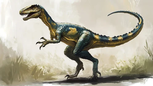Agile raptor dinosaur sprints through a misty primordial plain