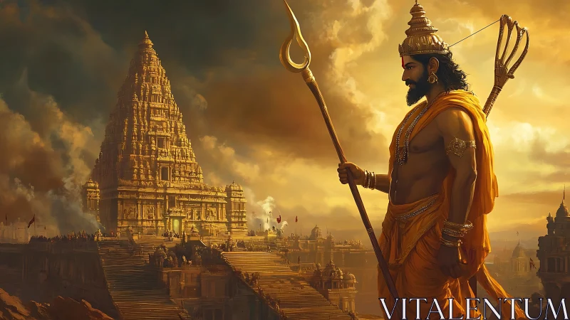 Sun-drenched temple colossus watches over a molten sky