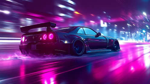Neon city streets glow as a sleek sports car races into night
