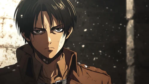 Severe anime soldier in raking light studies gritty resolve