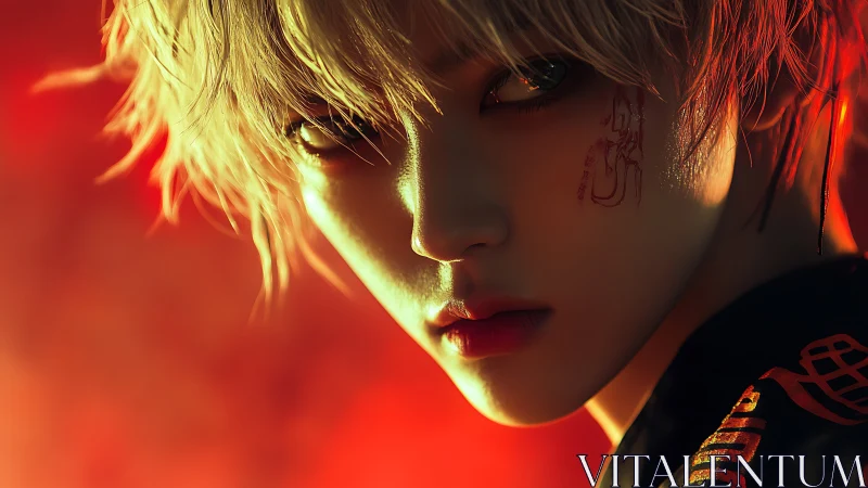 Fiery backlit portrait of silver-haired youth with sigil tattoo.