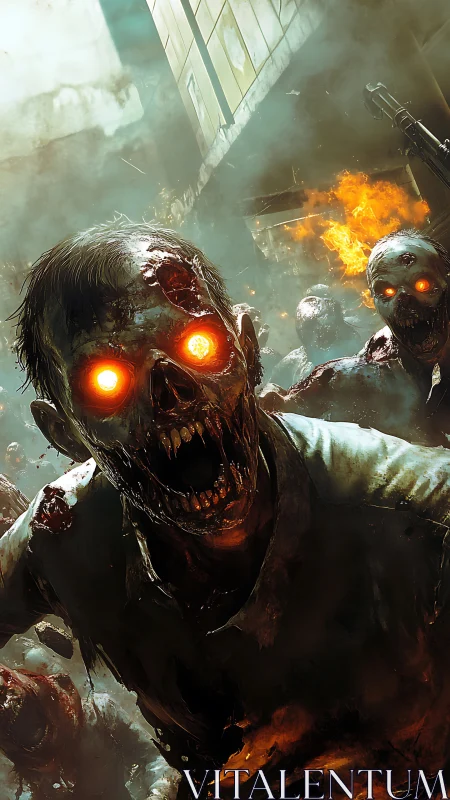 Flaming-eyed zombies surge through burning city street.