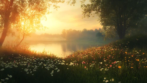 Golden-hour meadow and lake rendered in luminous digital painting