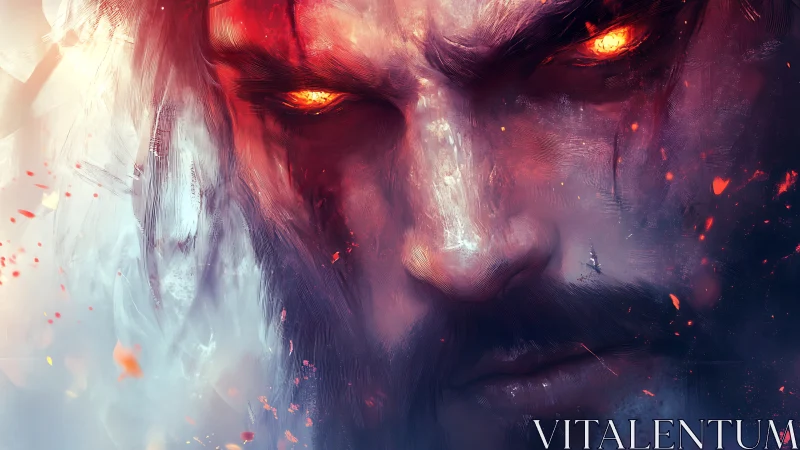 Smoldering warrior visage split by ice and embers.