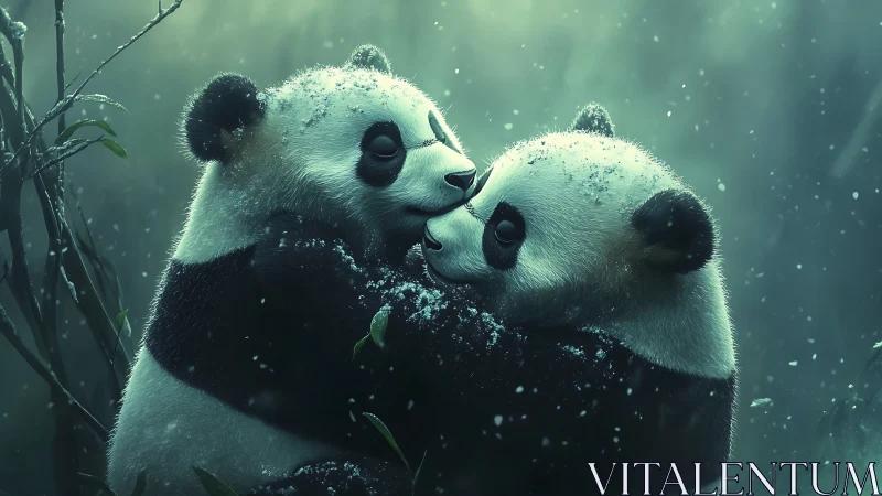 Snow-dusted panda cubs weave a quiet forest love story