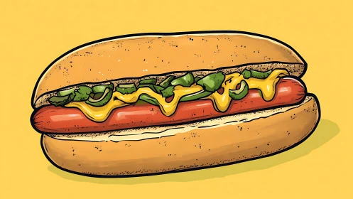 Illustrated hot dog with mustard and relish on yellow background.