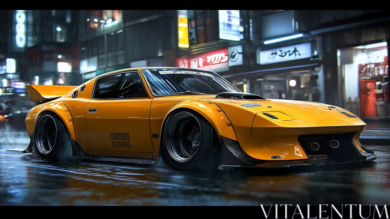 Yellow wide-body sports car is parked on wet neon city street