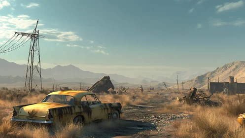 Abandoned yellow car in wide dry post apocalyptic desert scene.