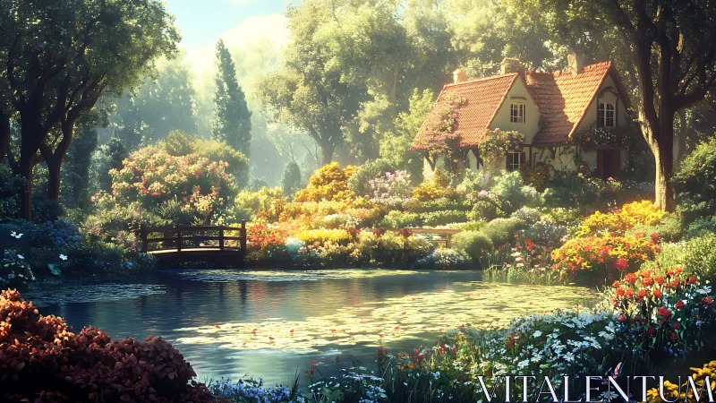 Cottage stands by pond within dense, layered flower garden