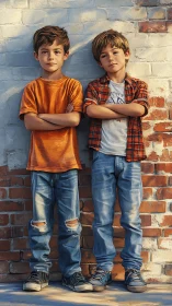 Two Young Rebels Strike Bold Poses Against Weathered Brick Wall