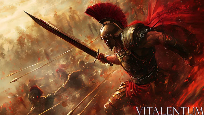 Fierce armored warrior charges with sword into burning battle