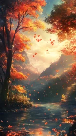 Autumn forest river under warm light with falling leaves.