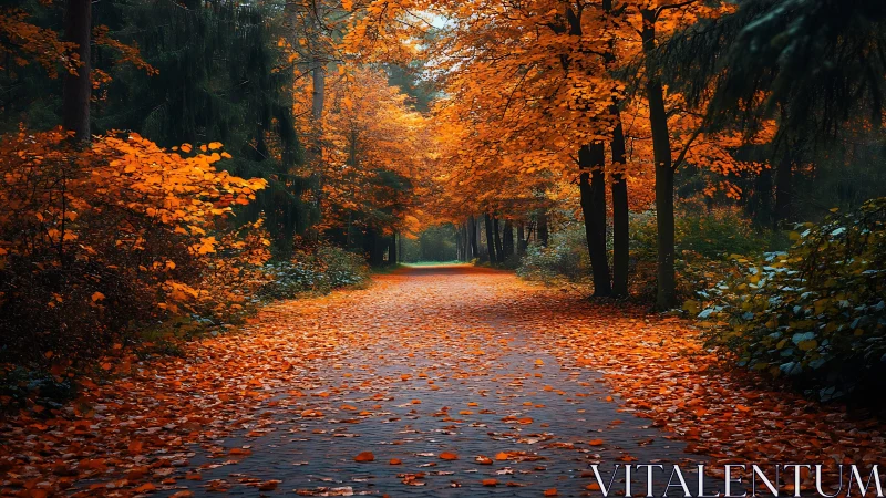 Golden Autumn Path Through Quiet Woods.