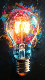 Illuminated light bulb with abstract multicolor paint field.