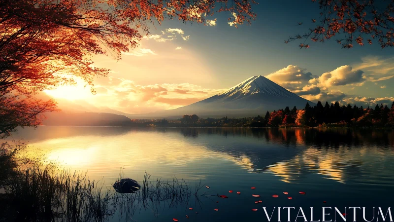 Golden sunset bathes tranquil lake beneath snow peak