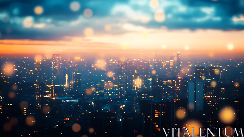 Glowing city skyline welcomes dusk with dreamy golden lights