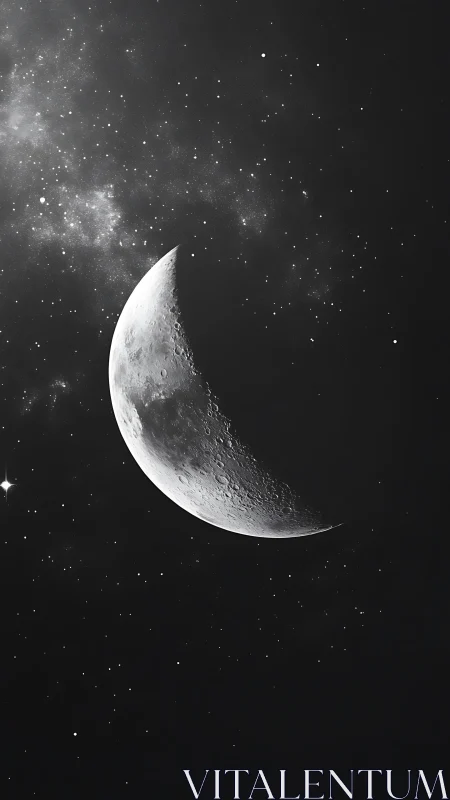 Crescent moon with visible craters against dense star field.