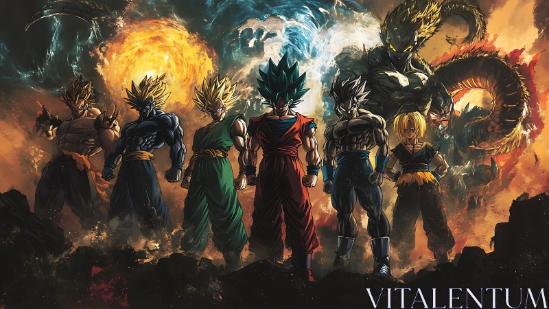 Group of armored fighters before elemental energy vortexes.