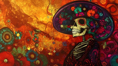 Skeleton figure in floral hat stands in vivid abstract landscape