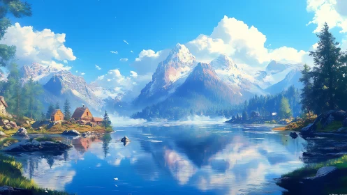 Cozy lakeside cabins beneath bright, snow kissed mountainscape.