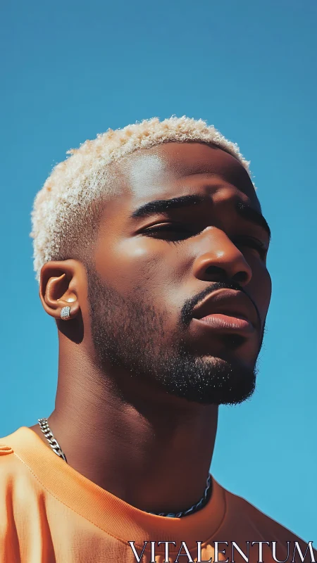 Close-cropped portrait under vivid blue sky, strong light.