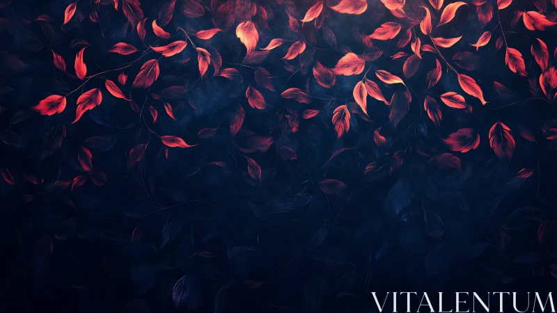 Red foliage pattern against deep blue abstract background.