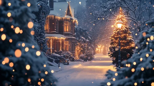 Snowy residential street with warm Christmas house lights.