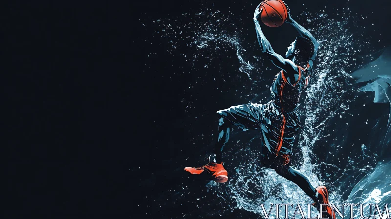 Basketball player explodes toward hoop through liquid energy