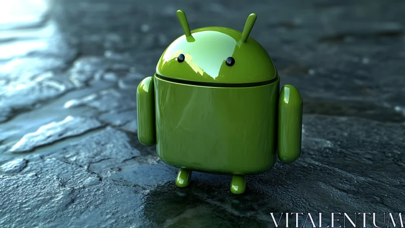 Glossy green robot mascot stands on wet stone surface