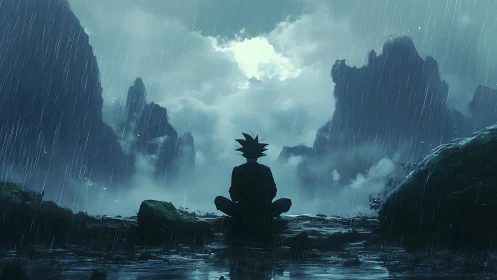 Silhouetted figure seated in rainy mountain landscape at dusk.