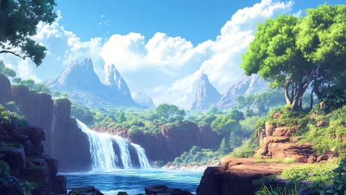 Mountain valley landscape with waterfall and rocky riverbank.