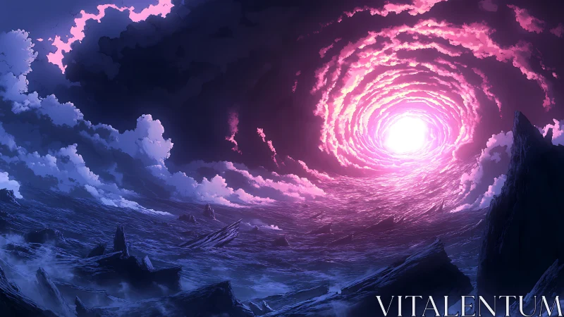 Violet sky vortex over fragmented seascape and cliffs.