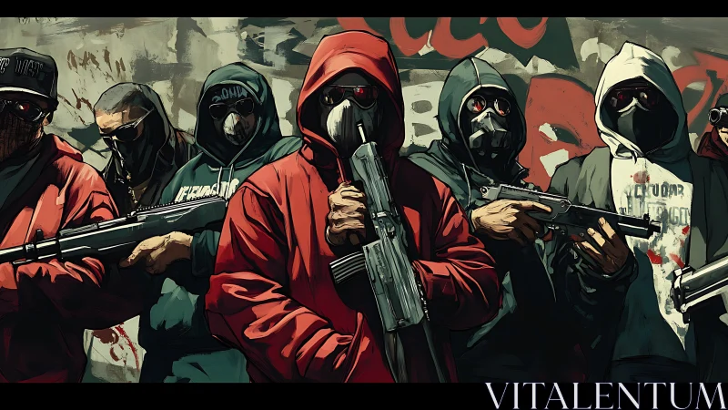 Armed masked group in urban alley with graffiti backdrop.
