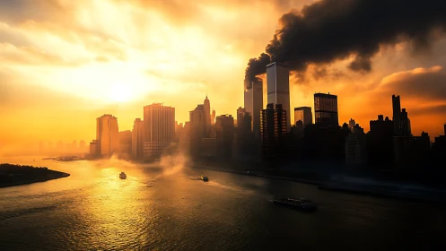 Sunlit city skyline contrasts with dark tower smoke plume.
