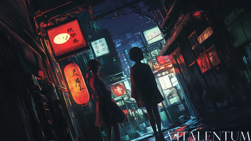 Neon alleyway silhouettes in rain-soaked Tokyo backstreet.