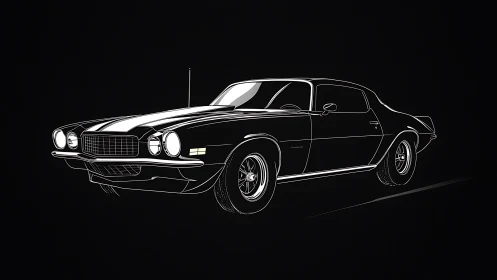 Classic muscle car glows in minimalist neon outline on black.