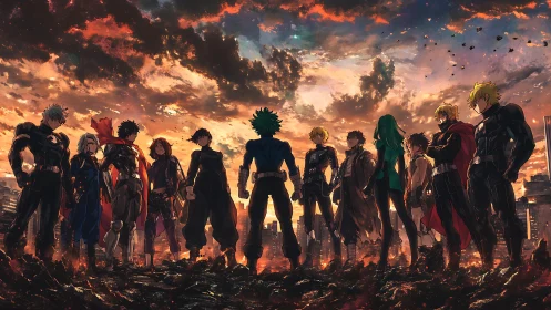 Heroic anime squad in tactical gear facing fiery urban horizon