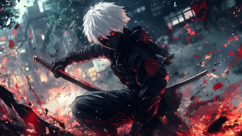 White-haired masked swordsman attacks amid burning urban chaos