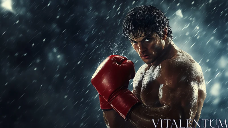 Athletic Boxer in Cinematic Rain Storm with Red Gloves.