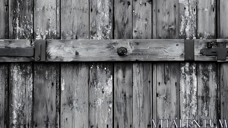 Weathered wooden gate is secured by horizontal locking bar