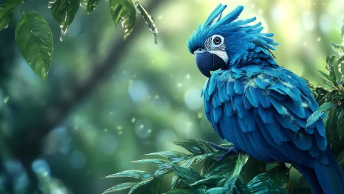 Vibrant Blue Parrot on Lush Green Branch, Photorealistic Style.